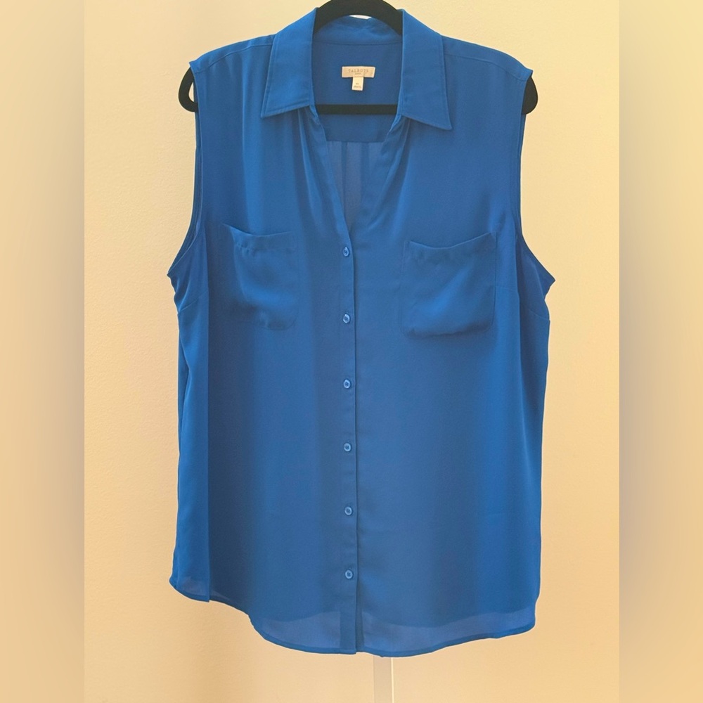 Talbots Blouse Women's XL Blue Sleeveless V-Neck Collared Pocket Tank